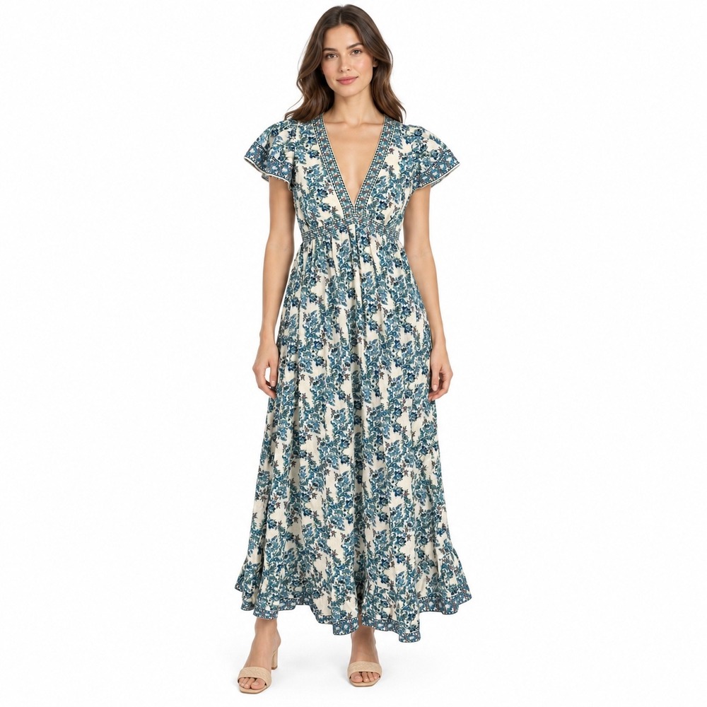 Max Studio Flutter Sleeve Empire Waist Maxi Dress V-Neck Pockets XS Blue Floral